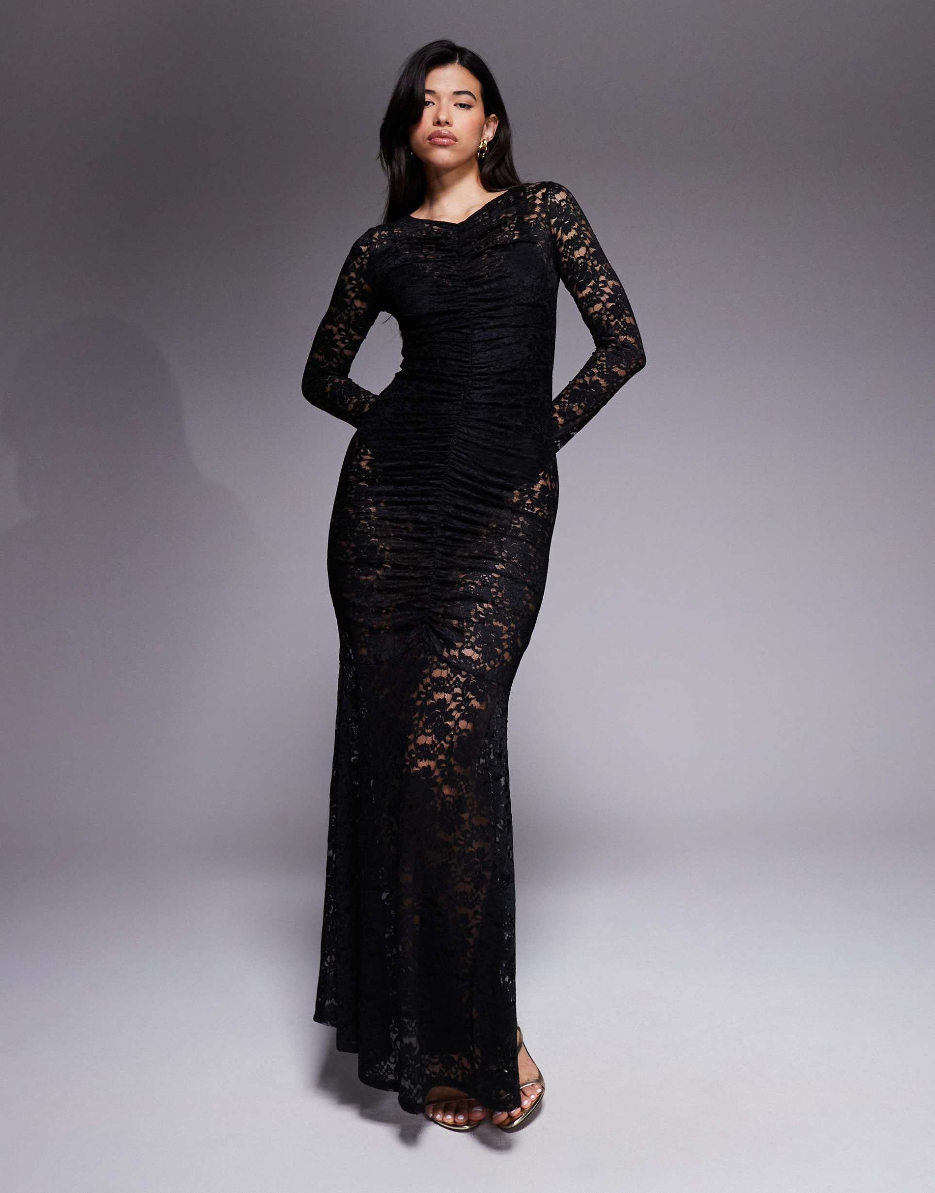 afrm lace ruched long sleeve maxi dress with bodysuit in black