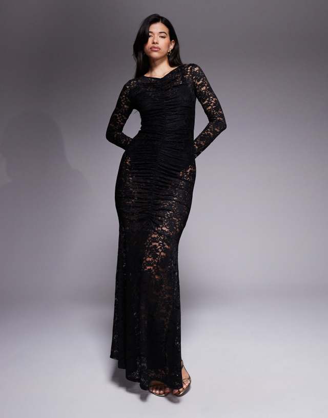 afrm black lace dress ruched long sleeve maxi with bodysuit in 4000 Wearing Ankle Boots with Set Option:Dress/Jewel Sash Hemline Sweep