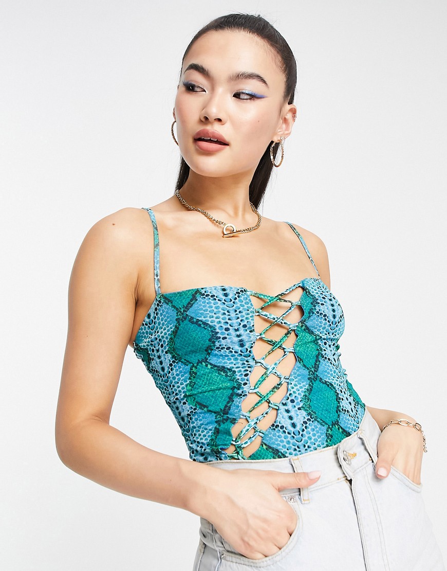 AFRM lace up detail bodysuit in green snake print-Multi