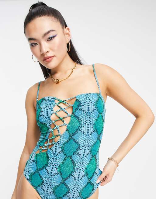 AFRM LACE UP DETAIL BODYSUIT IN GREEN SNAKE PRINT