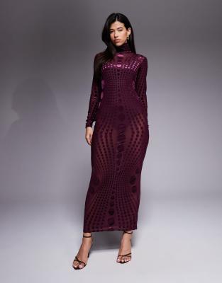 AFRM - Langärmliges, hochgeschlossenes Maxikleid aus Stretch-Netzstoff mit gepunktetem Ausbrennermuster in farblich abge...