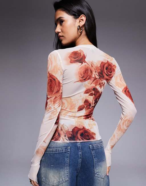 AFRM - Langærmet beige mesh-top med rosenprint, 4 af 4