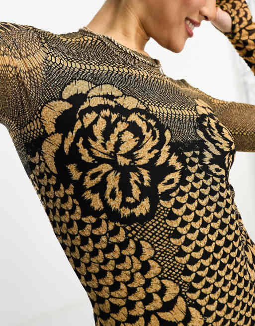 AFRM Lasso mini dress in mesh with all over golden petal print, 3 of 4