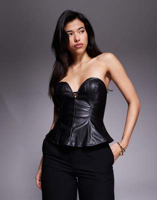 Afrm Leather Look Sweetheart Neck Peplum Corset Top In Black