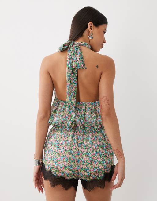 AFRM - Logain - Playsuit med polokrave-halterneck og blondekant i småblomstret print, 3 af 4