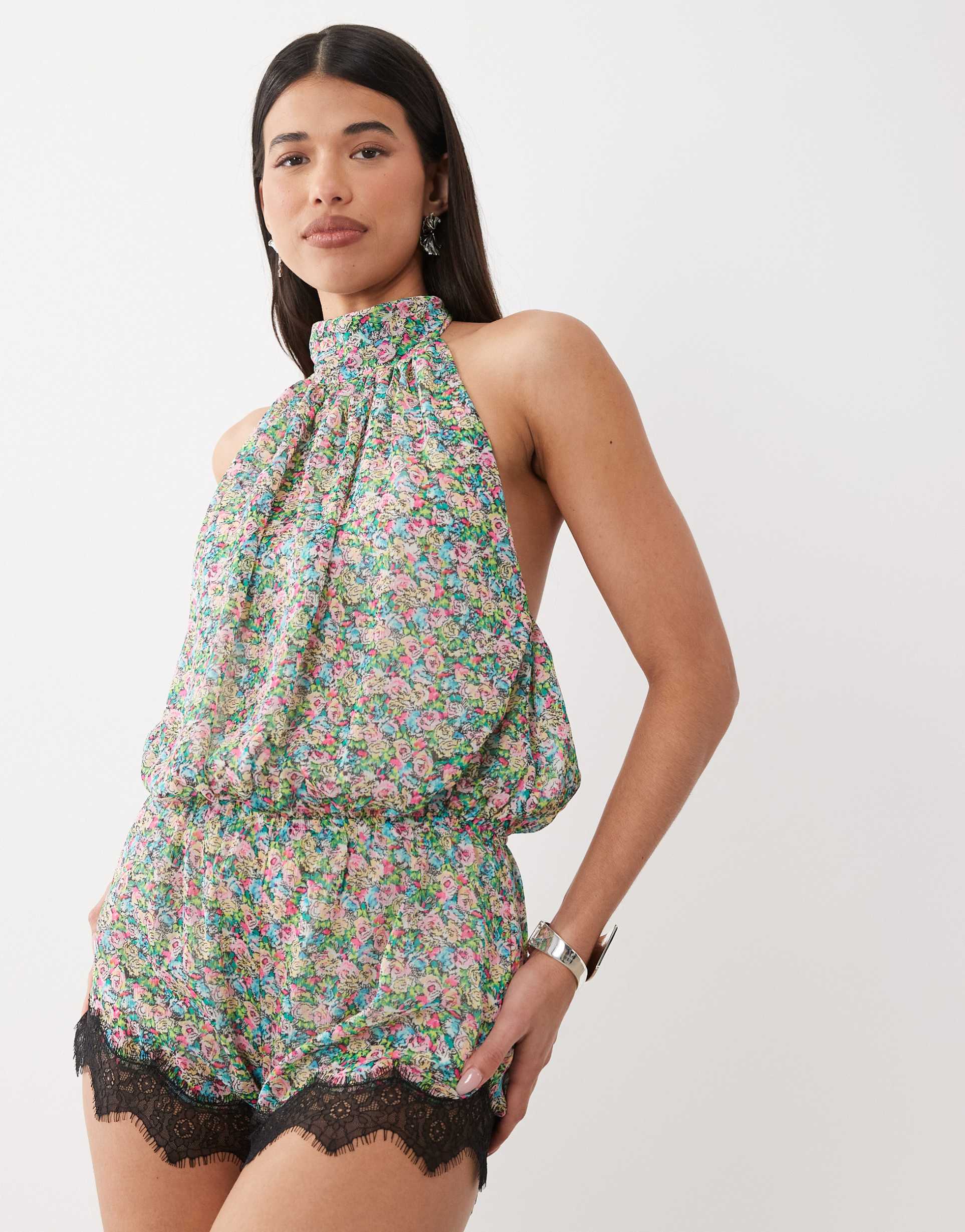 afrm logain polo neck halter lace trim romper in ditsy print