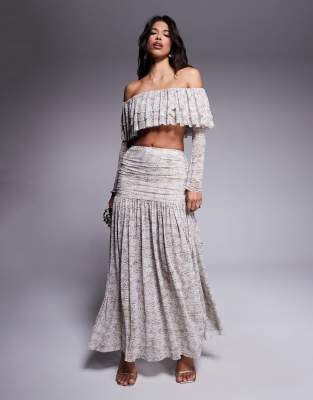 AFRM LONG SLEEVE LACE RUFFLE CROP TOP WITH BUILT 