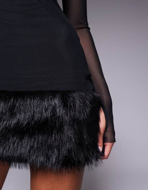 AFRM long sleeve mesh faux fur hem mini dress in black