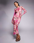 [AFRM] AFRM long sleeve mesh midaxi dress in berry butterfly print-Pink M Berry