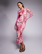ASOS DESIGN mesh long sleeve frill detail a line maxi dress in green floral print