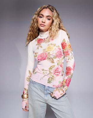 AFRM AFRM long sleeve mesh top in falling rose print-Pink