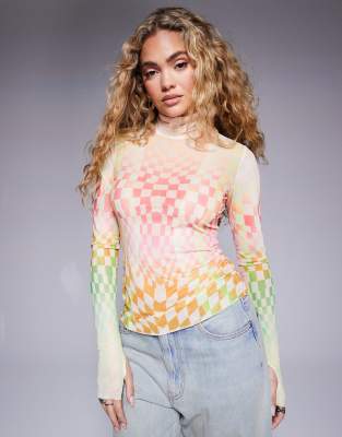 long sleeve mesh top in pastel ombre-Multi