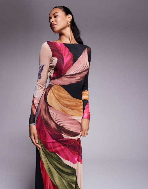 AFRM long sleeve open back maxi dress in feather print