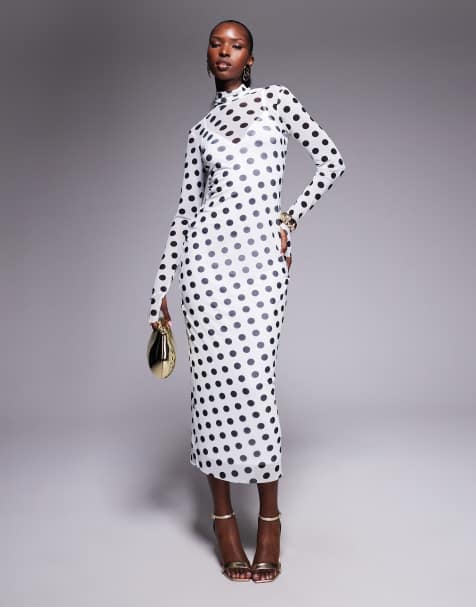 AFRM long sleeve power mesh midi dress in blanc dot