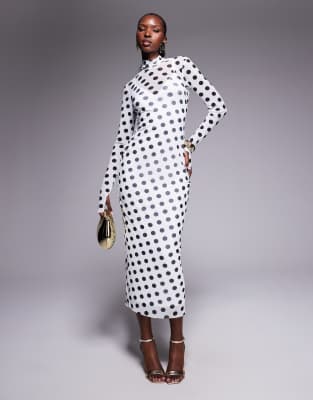 long sleeve power mesh midi dress in blanc polka dots-White