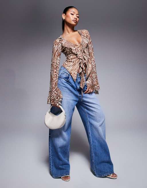 AFRM long sleeve ruffle top with lace detail in animal taupe, 2 of 4