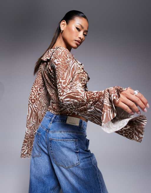 AFRM long sleeve ruffle top with lace detail in animal taupe, 3 of 4