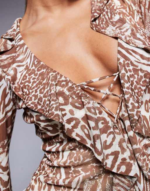 AFRM long sleeve ruffle top with lace detail in animal taupe, 4 of 4