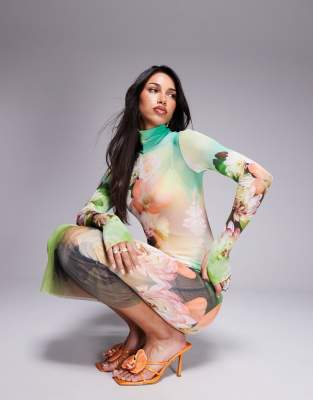 AFRM AFRM long sleeve turtle neck midi dress in green floral