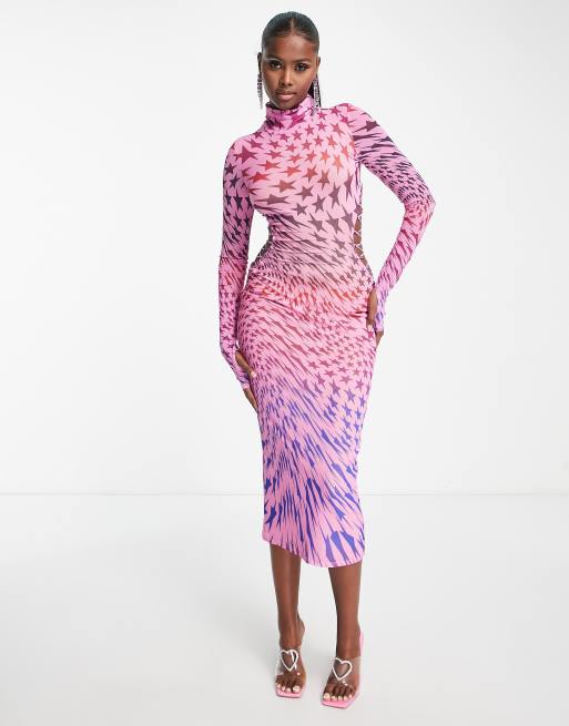 AFRM long sleeve turtleneck mesh midi dress in abstract pink