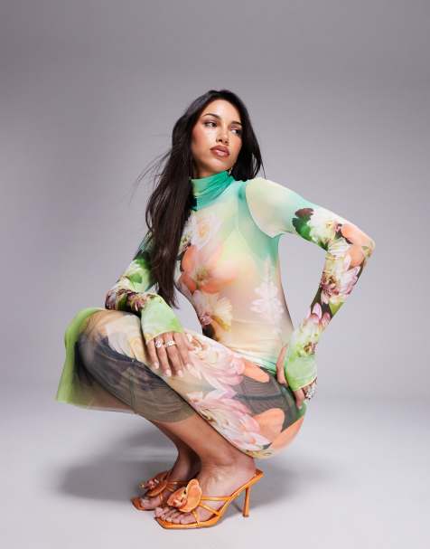 AFRM long sleeve turtleneck midi dress in green floral - view 1
