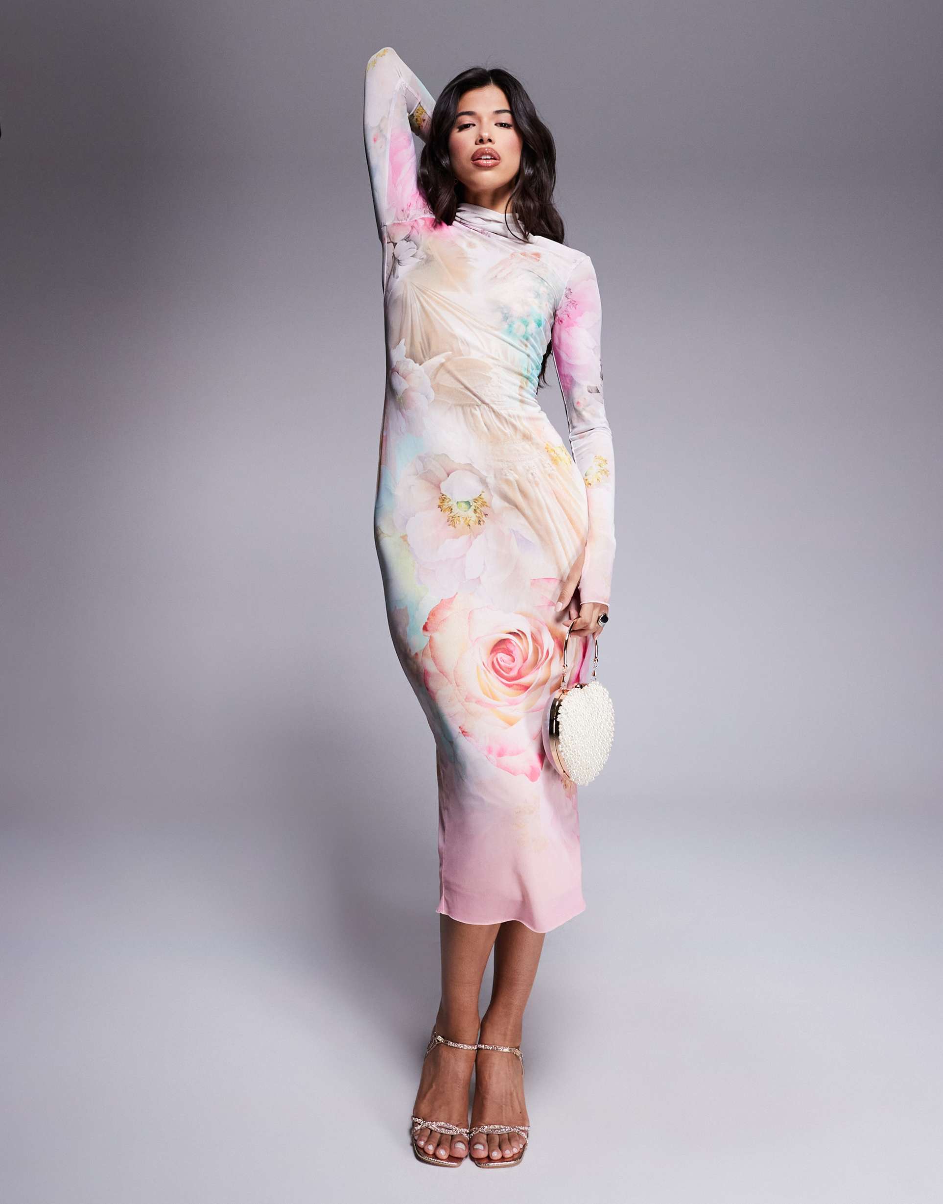 afrm long sleeve turtleneck midi dress in pink floral