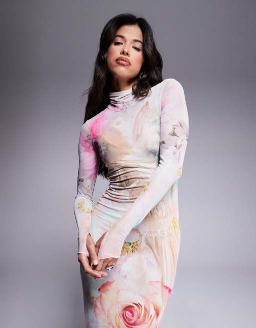 AFRM long sleeve turtleneck midi dress in pink floral | ASOS