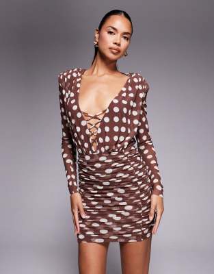 Afrm Long Sleeved Plunge Mini Dress In Brown