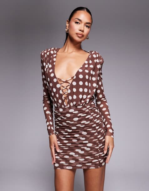 AFRM long sleeved plunge mini dress in chocolate polka dot print - view 1