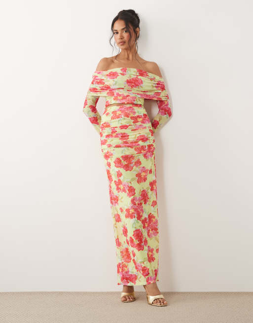 AFRM – Lynette – Limegrön och rosablommig crop top i mesh med nedvikt bardotringning, del av set, 2 av 4