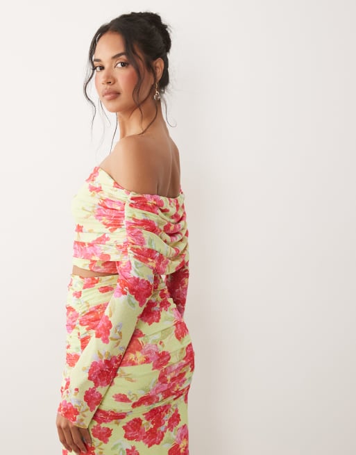 AFRM Lynette mesh foldover bardot long sleeve crop top co-ord in lime and pink floral, 4 of 4