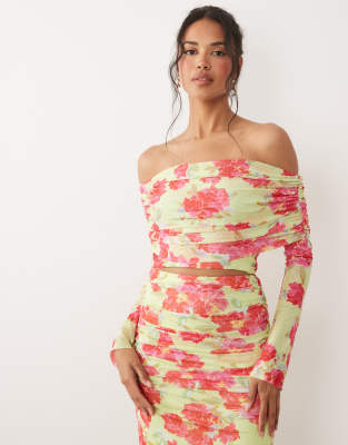 Afrm Lynette Mesh Foldover Bardot Long Sleeve Crop Top In Multi