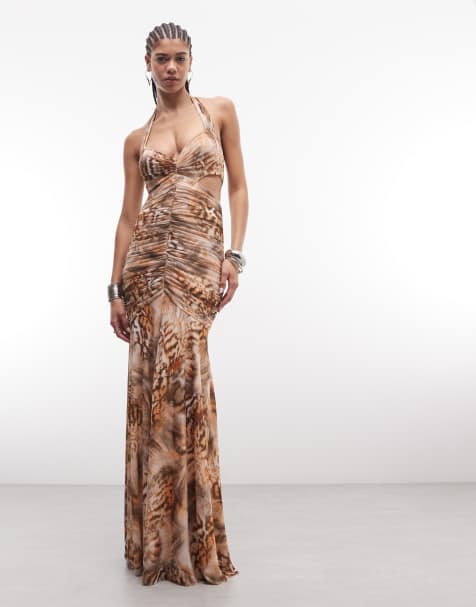 AFRM Lynn halter neck maxi dress with side cut out in ember swirl shell 