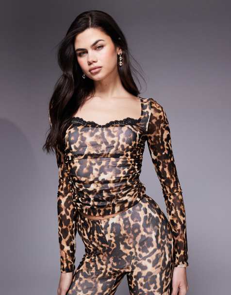 AFRM Marcello ruched mesh lace trim top co-ord in leopard print - view 1
