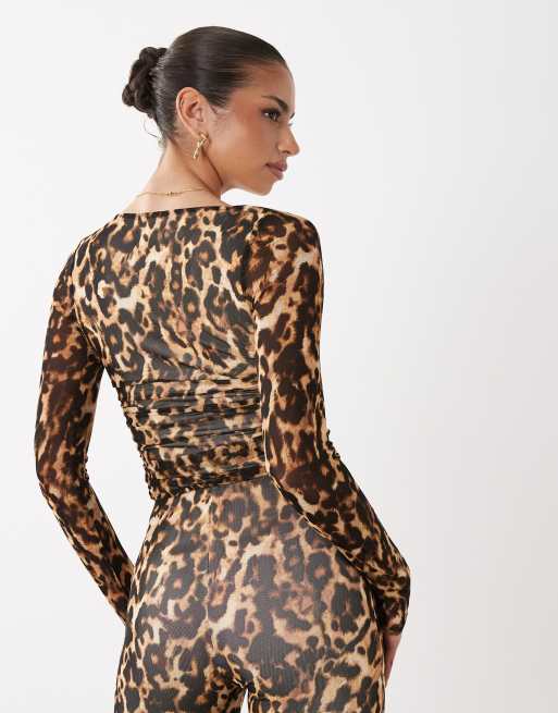 AFRM Marcello ruched mesh lace trim top in leopard print - part of a set, 4 of 4