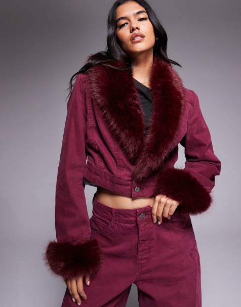 AFRM Margot faux fur denim jacket co-ord in port - view 1