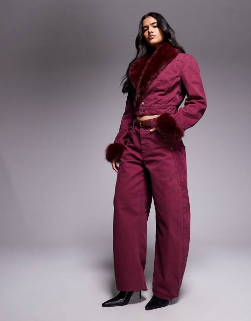AFRM Margot faux fur denim jacket co-ord in port, 2 of 4