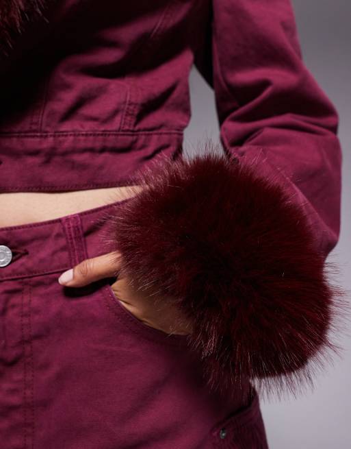 AFRM Margot faux fur denim jacket co-ord in port, 3 of 4