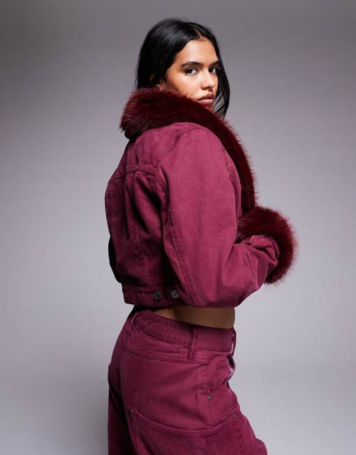 AFRM Margot faux fur denim jacket co-ord in port, 4 of 4