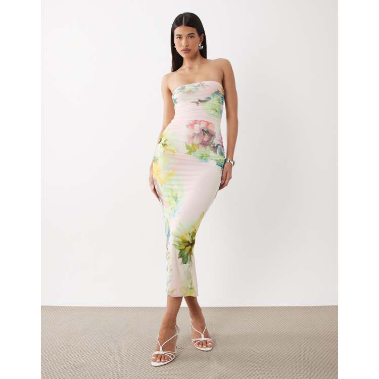 marlo maxi dresses in placed tropical floral AFRM Marlo printed mesh bandeau maxi dress in pink floral