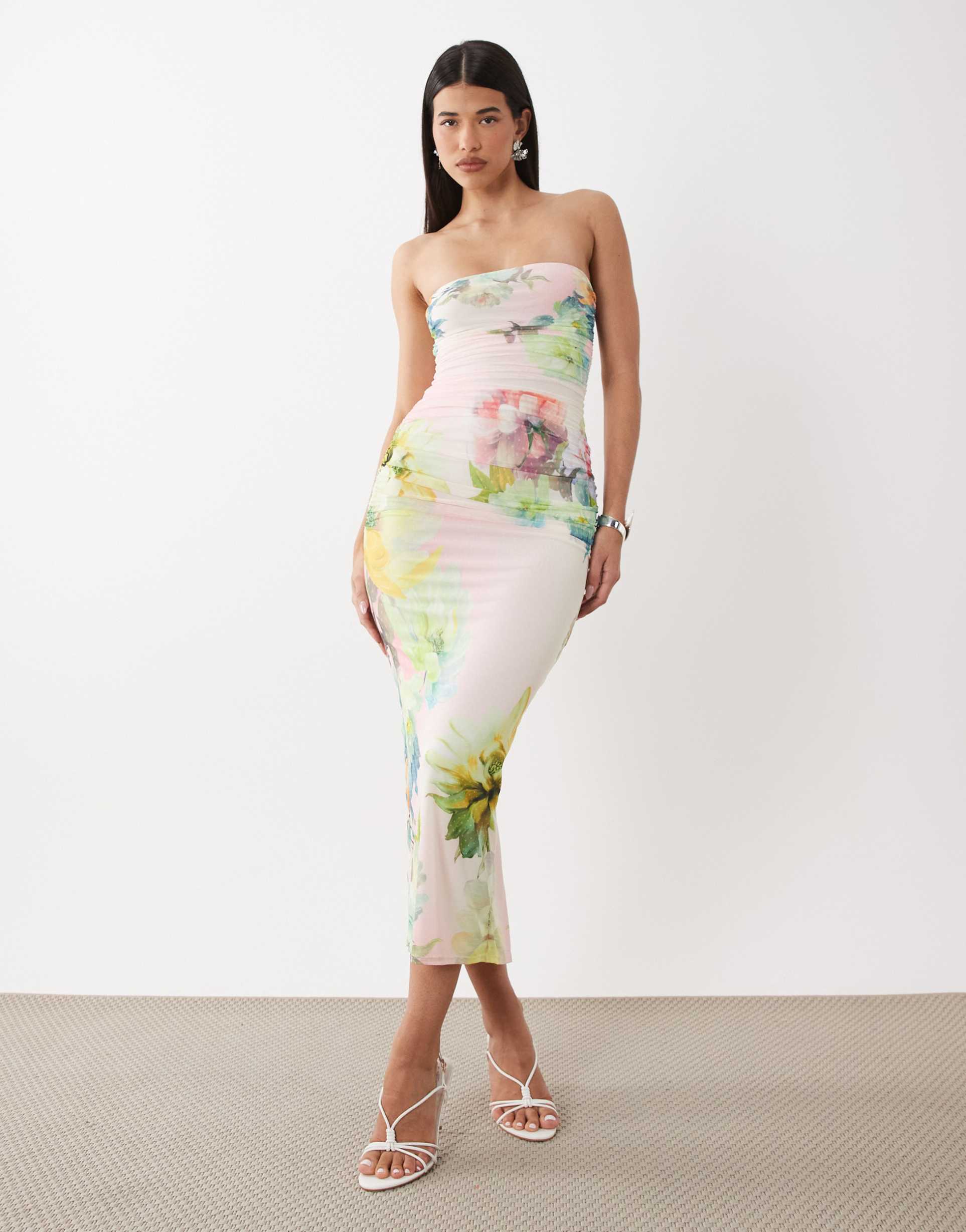 afrm marlo printed mesh bandeau maxi dress in pink floral