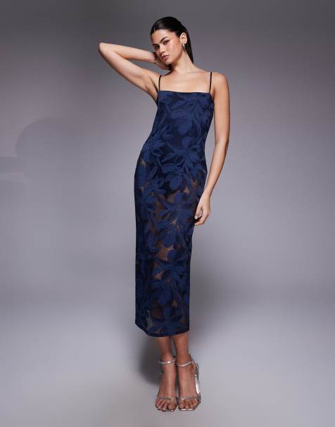 AFRM Marsaille crochet floral lace spaghetti strap midi dress in navy - view 1