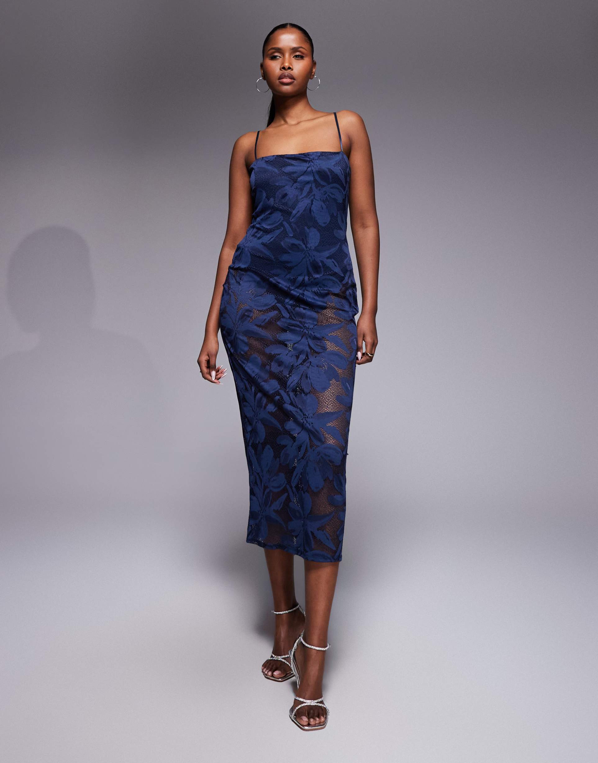 afrm marsaille crochet floral lace spaghetti strap midi dress in navy