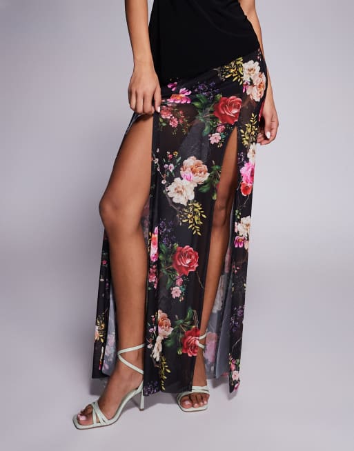 AFRM - Maxi rok met ingebouwde hotpant, dijsplit en zomerse rozenprint in zwart, 2 van 5
