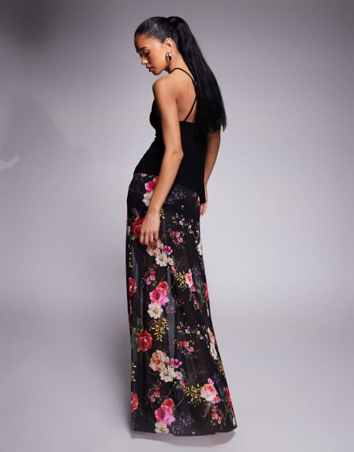 AFRM - Maxi rok met ingebouwde hotpant, dijsplit en zomerse rozenprint in zwart, 4 van 5
