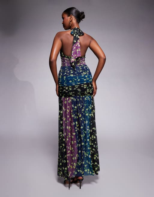 AFRM Melissa mesh halter neck ruched drop waist maxi dress in floral stripe, 2 of 4