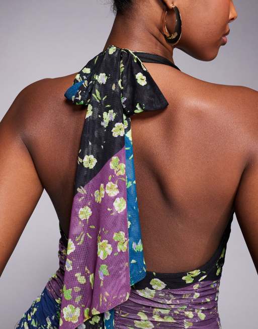 AFRM Melissa mesh halter neck ruched drop waist maxi dress in floral stripe, 3 of 4