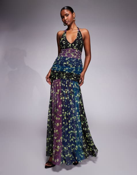 AFRM Melissa mesh halter neck ruched drop waist maxi dress in floral stripe