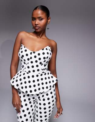 AFRM Merida structured corset peplum top co-ord in white polka dot
