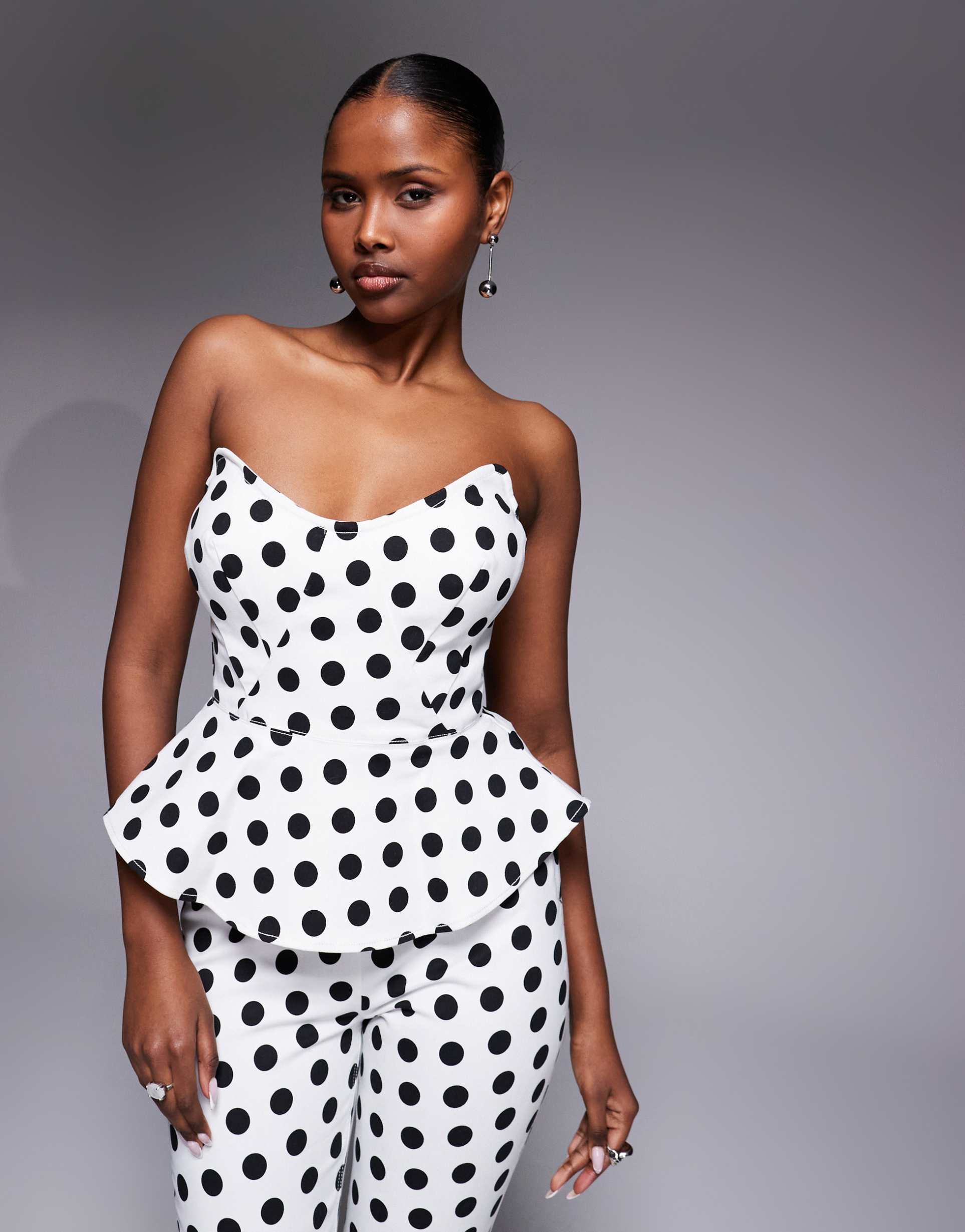 afrm merida structured corset peplum top in white polka dots - part of a set